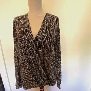 Ann Taylor Black Tan Surplice Silky Blouse Top MED